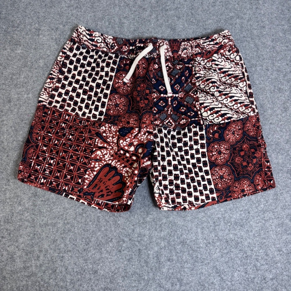Wallace & Barnes J.Crew Mens Batik Patchwork Drawstring Shorts Rust Navy L